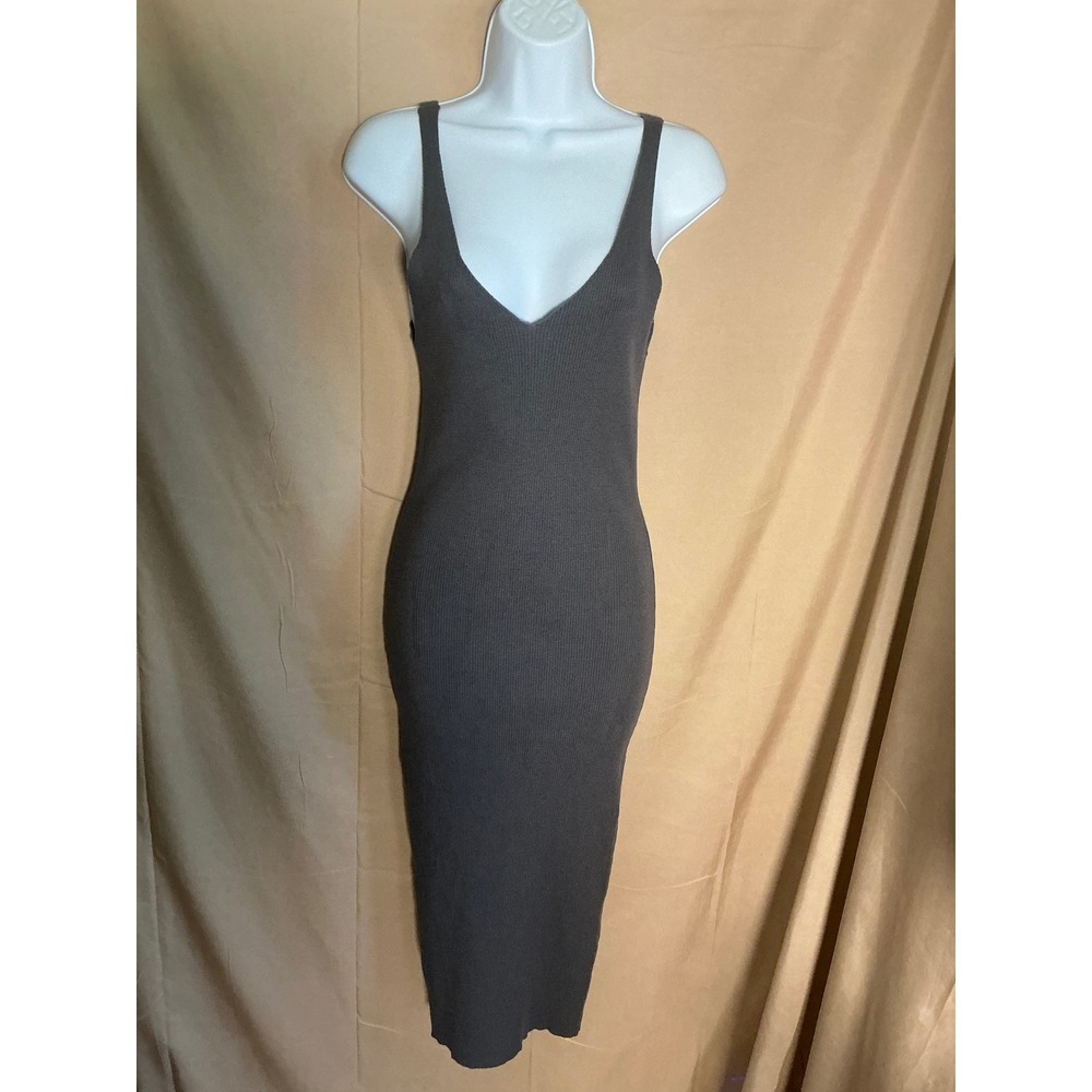 Forever 21 Ribbed Knit Midi Dress Womens Large Gray Excellent V-Neck Bodycon